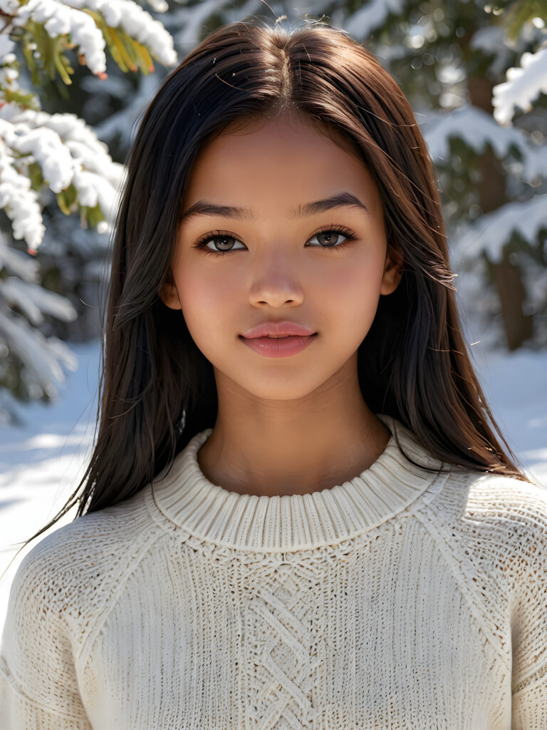 visualize a detailed and realistic photo: a (((stunning young light brown-skinned Exotic teen girl with flawless, soft skin))) (glossy hair with subtle layering, (((vivid obsidian black soft straight hair)))), whose frame a (seriously sensual face) with (dramatically contrasting, full, (((natural lips)))), round face and a warm smile, the mouth slightly open with white teeth, (light brown eyes), set against a (broodingly atmospheric snow backdrop) for an unforgettable (upper body shot). Her features are captured in (intense detail), accentuated by the (ombré shadow and highlights) that draw the eye, ((she wears a white , finely knitted wool sweater that emphasizes her perfectly shaped body)), ((gorgeous)) ((side view))