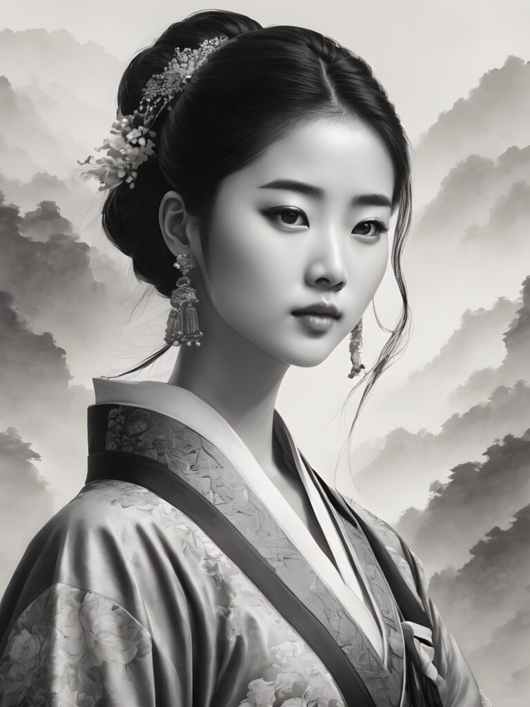 a beautiful chinese girl standing and posing, Chinese painting style, super detailed, perfect