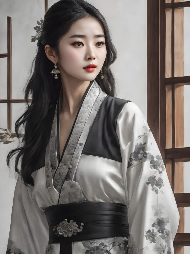 a beautiful chinese girl standing and posing, Chinese painting style, super detailed, perfect