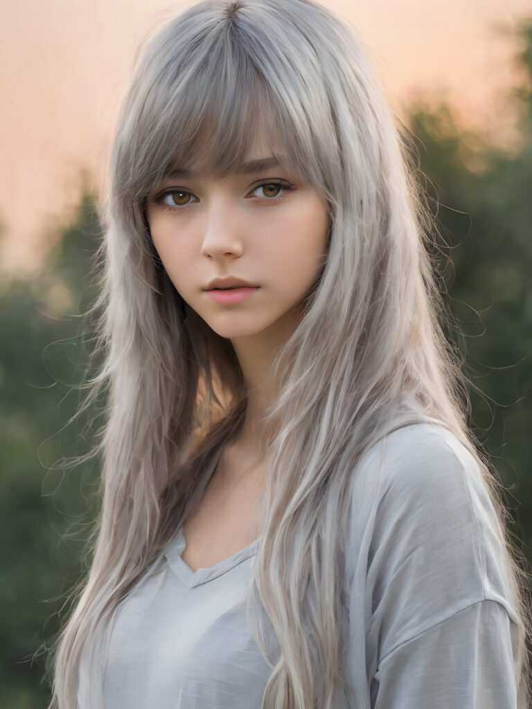 ((full body view)) of (((cute))) (((elegant))) ((attractive)) (((long, messy, straight hair))) ((stunning)) a beautifully realistic, cinematic lights, teen girl, bangs haircut, detailed (COLOR) hair, realistic detailed angelic face, ((realistic detailed brown eye)) looks sadly at the camera, portrait shot, perfect curved, wears a super short tight (grey shirt) made on thin silk, super short jeans pants, perfect anatomy, white background, side perspective, ((no background))