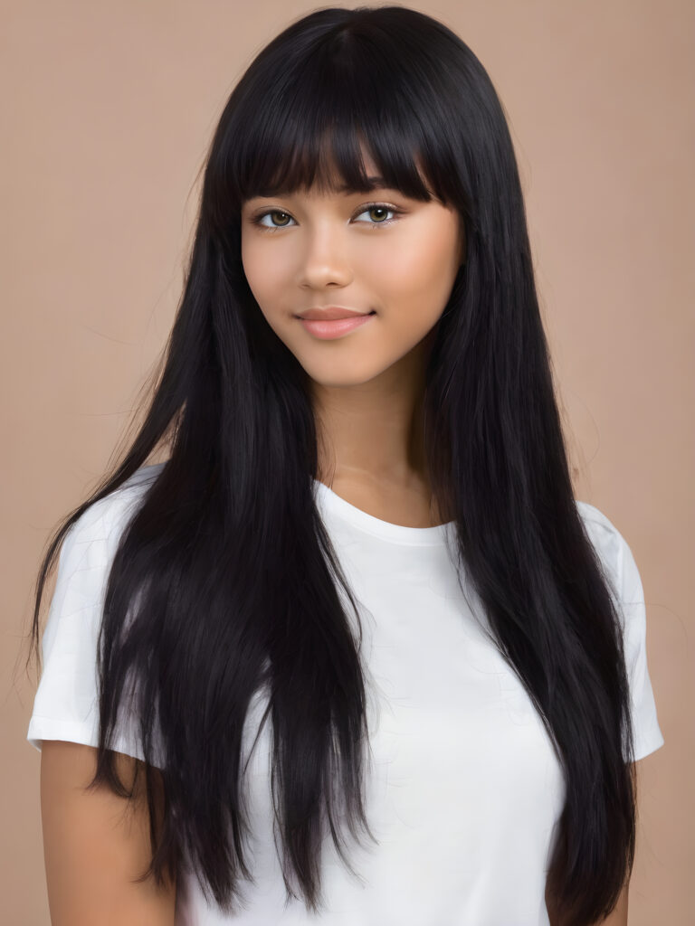((full body view)) of (((cute))) (((elegant))) ((attractive)) (((long, messy, straight hair))) ((stunning)) a beautifully realistic, cinematic lights, teen girl, bangs haircut, detailed (COLOR) hair, realistic detailed angelic face, ((realistic detailed brown eye)) looks sadly at the camera, portrait shot, perfect curved, wears a super short tight (grey shirt) made on thin silk, super short jeans pants, perfect anatomy, white background, side perspective, ((no background))