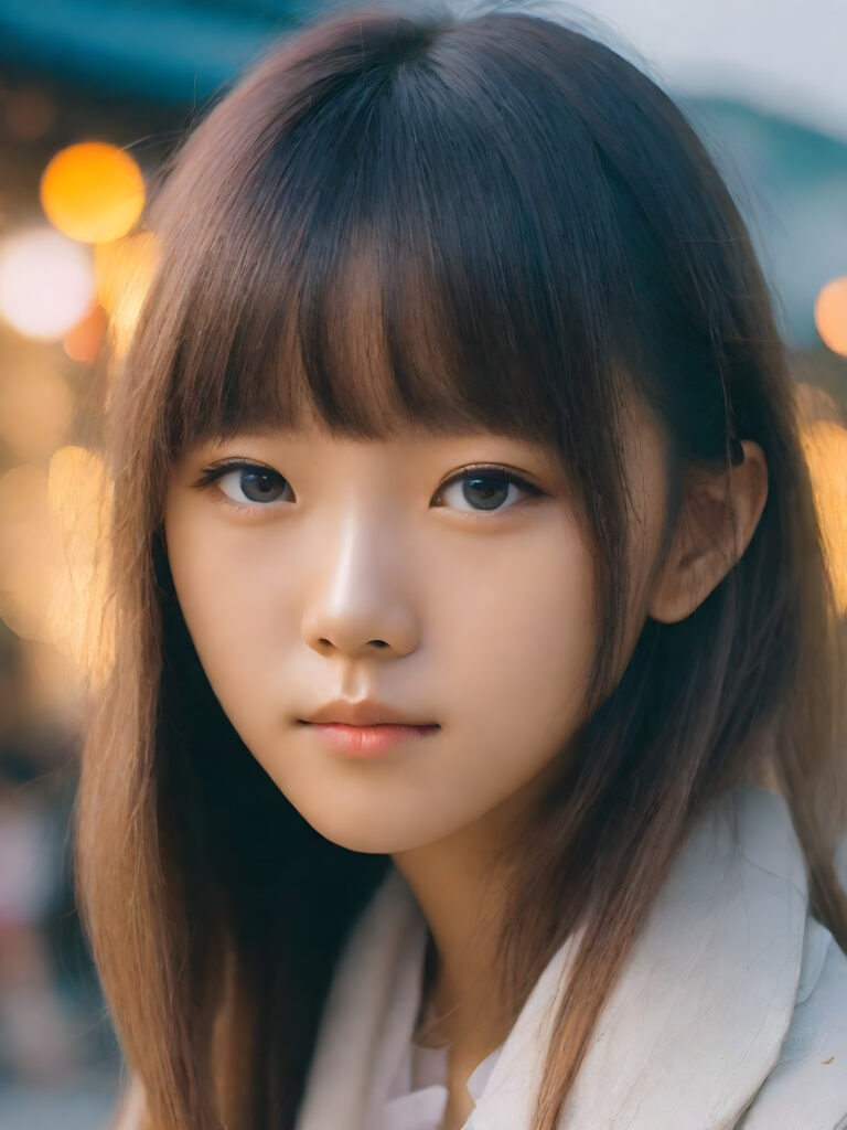 ((cute)) ((gorgeous)) ((attractive)) ((stunning)) ((young)) a beautifully realistic, cinematic lights, ((Oriental teen girl)), 15 years old, ((long brown hair, bangs cut)), realistic detailed angelic round face, ((realistic detailed eye)) looks very happy at the camera, portrait shot, perfect curved body, ((super short form fitting low cut (tank top))), perfect anatomy, ((empty, white background))