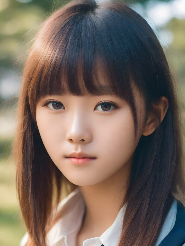 ((cute)) ((gorgeous)) ((attractive)) ((stunning)) ((young)) a beautifully realistic, cinematic lights, ((Oriental teen girl)), 15 years old, ((long brown hair, bangs cut)), realistic detailed angelic round face, ((realistic detailed eye)) looks very happy at the camera, portrait shot, perfect curved body, ((super short form fitting low cut (tank top))), perfect anatomy, ((empty, white background))