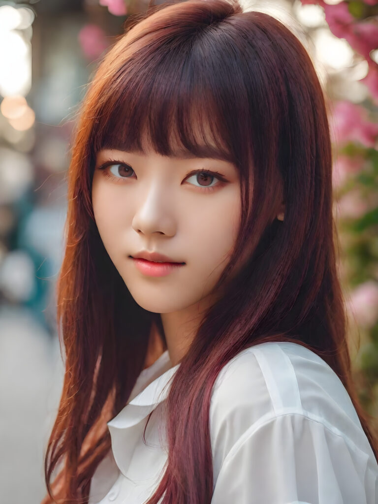 cute 16 years old Filipino teen girl, detailed hair, Korea styled bangs, white short shirt, perfect curved body, ultra realistic face, realistic amber eyes, detailed maroon straight hair, a stunning photo with beautiful saturation, ultra high resolution, deep shadow, (best quality, masterpiece), highly detailed, skinny, break depth of field, film grain, wrinkled skin, looking at viewer, warm smile, (upper body), masterpiece, ultra realistic,extremely detailed CG unity 8k wallpaper, best quality