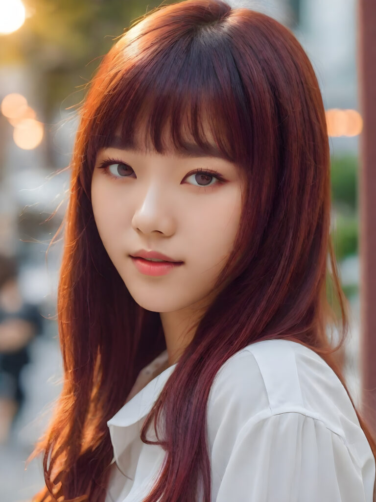 cute 16 years old Filipino teen girl, detailed hair, Korea styled bangs, white short shirt, perfect curved body, ultra realistic face, realistic amber eyes, detailed maroon straight hair, a stunning photo with beautiful saturation, ultra high resolution, deep shadow, (best quality, masterpiece), highly detailed, skinny, break depth of field, film grain, wrinkled skin, looking at viewer, warm smile, (upper body), masterpiece, ultra realistic,extremely detailed CG unity 8k wallpaper, best quality