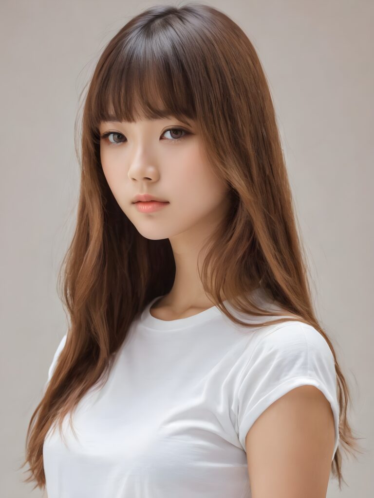 ((portrait)) of (((cute))) (((elegant))) ((attractive)) (((long, straight hazelnut hair))) ((stunning)) a beautifully realistic, cinematic lights, Asian teen girl, 15 years old, bangs cut, realistic detailed angelic round face, ((realistic detailed hazelnut eye)) looks sadly at the camera, portrait shot, perfect curved body, (wears a super short tight (white t-shirt) made on thin silk), perfect anatomy, white background, side perspective, ((no background))
