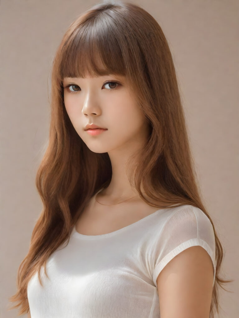 ((portrait)) of (((cute))) (((elegant))) ((attractive)) (((long, straight hazelnut hair))) ((stunning)) a beautifully realistic, cinematic lights, Asian teen girl, 15 years old, bangs cut, realistic detailed angelic round face, ((realistic detailed hazelnut eye)) looks sadly at the camera, portrait shot, perfect curved body, (wears a super short tight (white t-shirt) made on thin silk), perfect anatomy, white background, side perspective, ((no background))