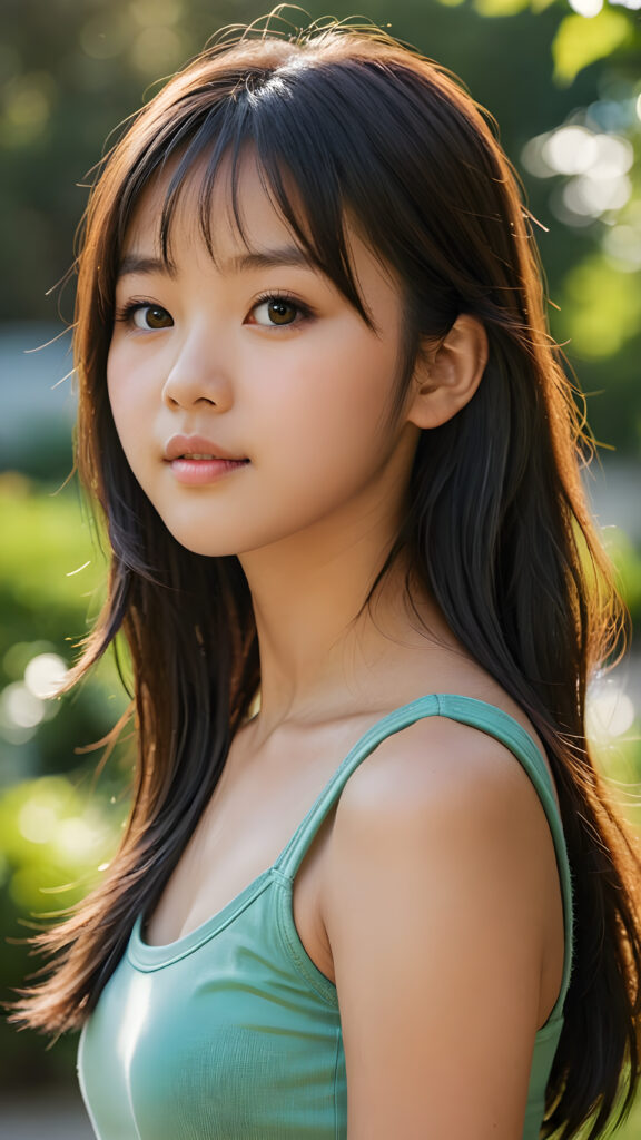 a (((breathtakingly realistic side view))) of a beautiful, young, soft Japaneseteen girl who is 13 years old with full, shoulder-length, shiny, black and straight hair framing her face in bangs. Her brown eyes sparkle under the sunlight, and her skin is a glowing mix of light brown and olive. She wears a super short crop top that showcases her wonderfully proportioned figure, making her look confidently seductive