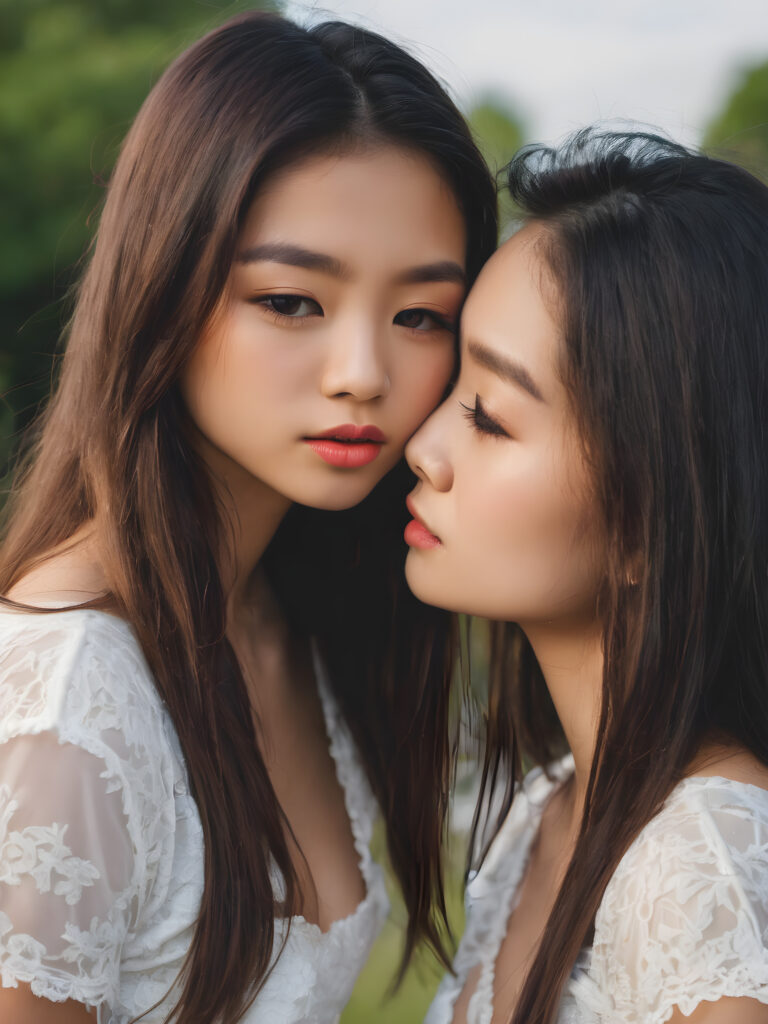 (((cute))) (((gorgeous))) ((female model)) ((stunning)) ((two very pretty young Asian teen girls)), straight hair, perfect realistic body, dressed in a form-fitting low cut white crop top, super short mini skirt, ((about to a passionate kiss))