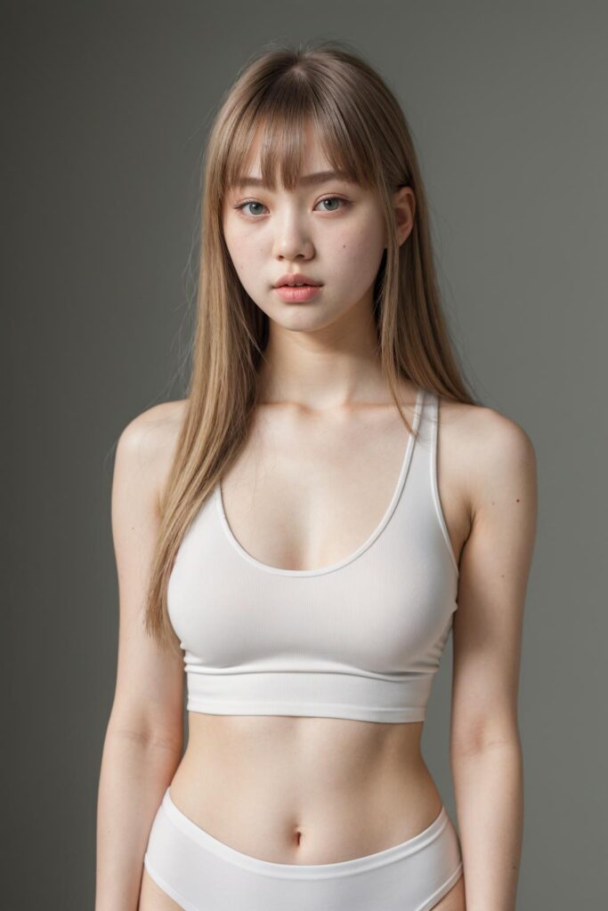 super realistic, 4k, detailed face, perfect curved body, cute Korea teen girl, long blonde straight hair, Korean styled bangs, wear only a white short tight tank top, looks at the camera, portrait shot