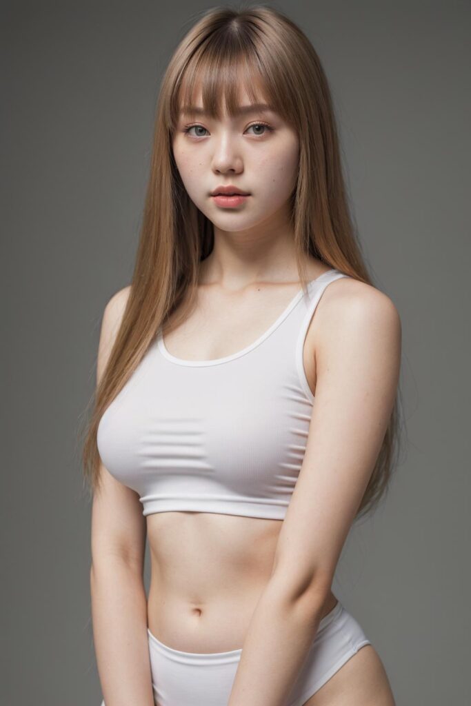 super realistic, 4k, detailed face, perfect curved body, cute Korea teen girl, long blonde straight hair, Korean styled bangs, wear only a white short tight tank top, looks at the camera, portrait shot