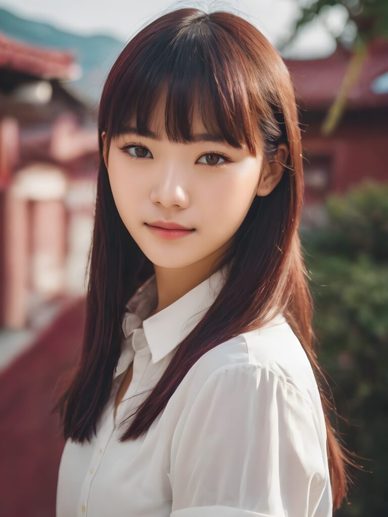 cute 16 years old teen girl, detailed hair, Korea styled bangs, white short shirt, perfect curved body, ultra realistic face, realistic amber eyes, detailed maroon straight hair, a stunning photo with beautiful saturation, ultra high resolution, deep shadow, (best quality, masterpiece), highly detailed, skinny, break depth of field, film grain, wrinkled skin, looking at viewer, warm smile, (upper body), masterpiece, ultra realistic,extremely detailed CG unity 8k wallpaper, best quality