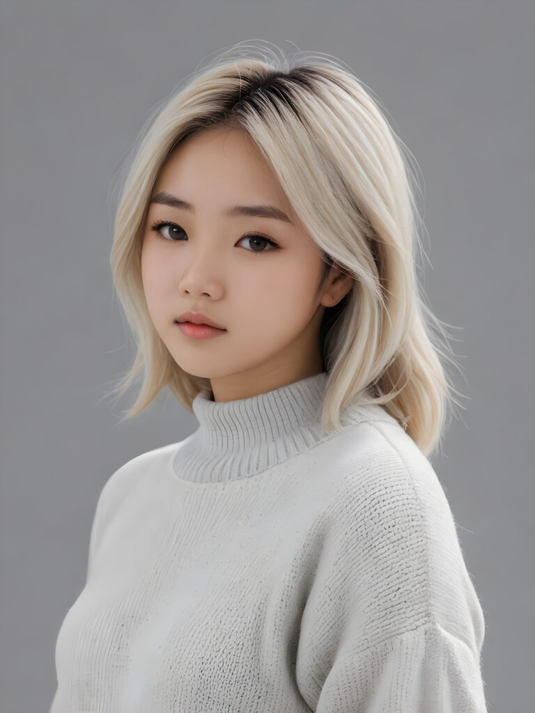 visualize a 3d picture: a (((detailed cute Asian teen girl with shoulder-length, soft straight platinum hair, brown eyes, exuding a sense of melancholy and loneliness, tears streaming down her face, round face and full lips, ((white tight wool sweater)) which perfectly shaped her body, against a (((simple, grey backdrop))), side view
