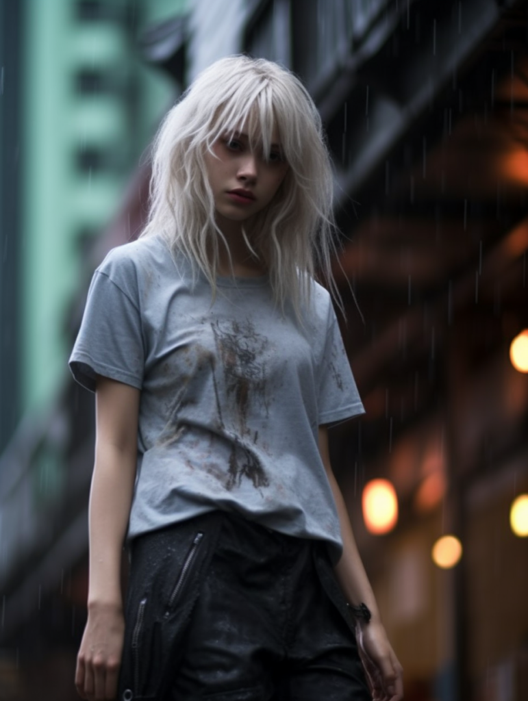 a very cute girl, white hair, stand alone in the rain, straight messy wet hair, wet skin, looks sadly at the camera, detailed hair, angelic face, full body, in the street --ar 3:4