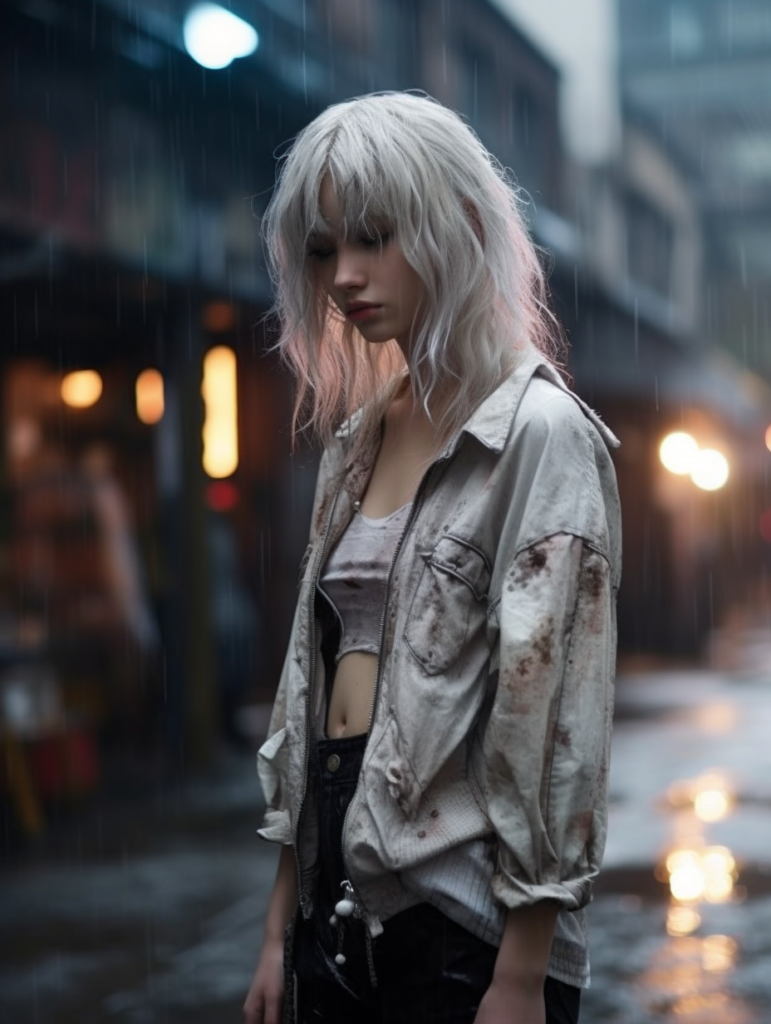 a very cute girl, white hair, stand alone in the rain, straight messy wet hair, wet skin, looks sadly at the camera, detailed hair, angelic face, full body, in the street --ar 3:4