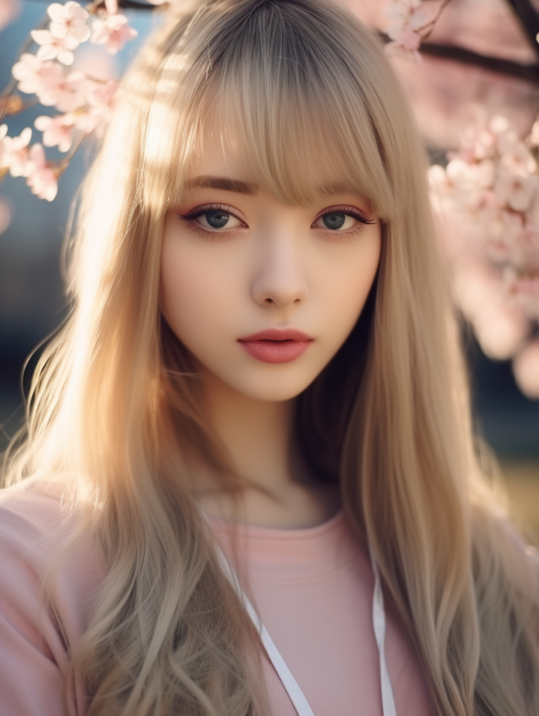 super realistic, 4k, detailed face, cute Asian teen girl, long blonde straight hair, Korean styled bangs, looks at the camera, portrait shot, smile very happy, a cherry blossom in the background --ar 3:4