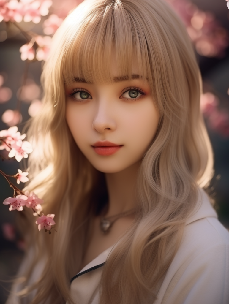 super realistic, 4k, detailed face, cute Asian teen girl, long blonde straight hair, Korean styled bangs, looks at the camera, portrait shot, smile very happy, a cherry blossom in the background --ar 3:4