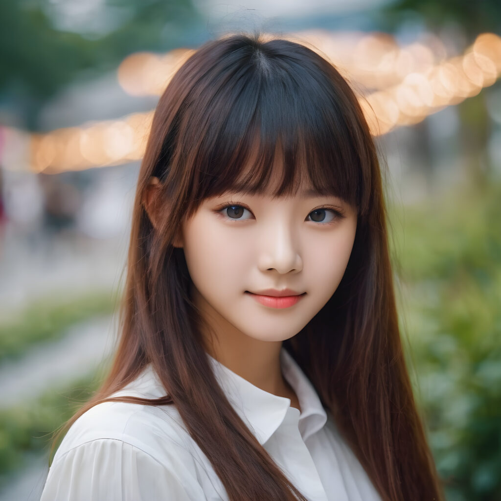 very cute 18 years old asia girl, long hair, Korean styled bangs, perfect detailed hair, detailed eyes, looks at the camera and smile, wear short tight white shirt