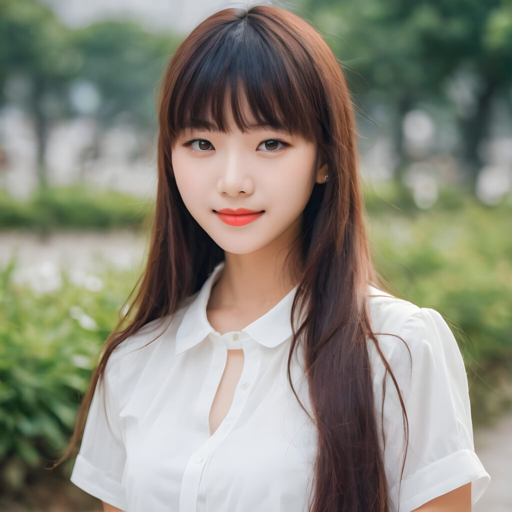 very cute 18 years old asia girl, long hair, Korean styled bangs, perfect detailed hair, detailed eyes, looks at the camera and smile, wear short tight white shirt