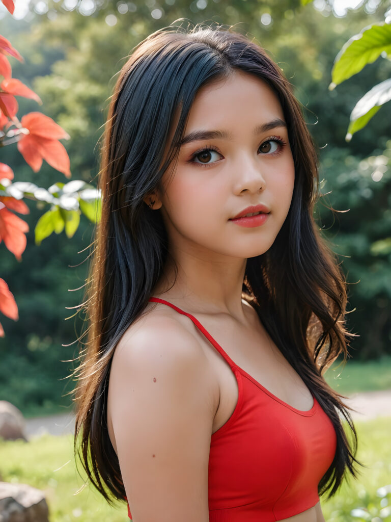 detailed, realistic upper body portrait: a 17 years teen girl with long soft black straight hair, black eyes, red bright full kissable lips, wearing a red mini crop top, side view, natural backdrop