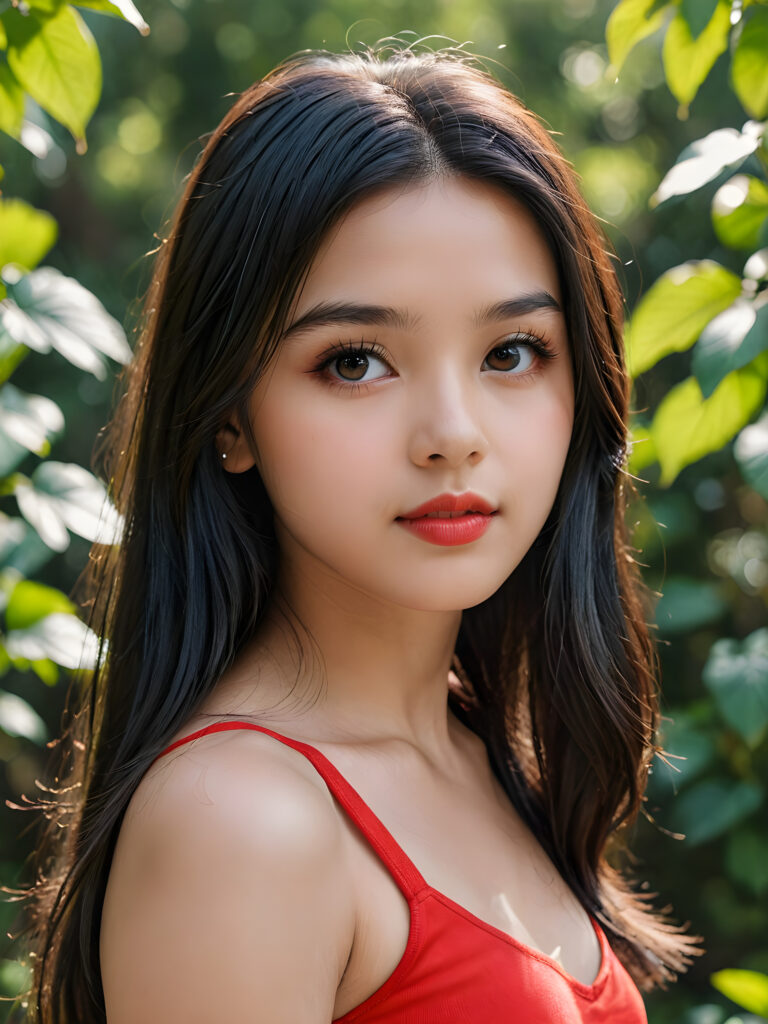 detailed, realistic upper body portrait: a 17 years teen girl with long soft black straight hair, black eyes, red bright full kissable lips, wearing a red mini crop top, side view, natural spring
