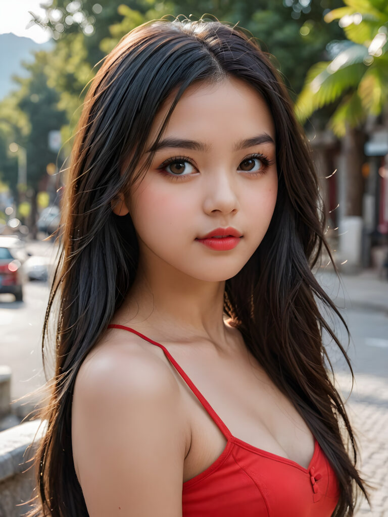 detailed, realistic upper body portrait: a 17 years teen girl with long soft black straight hair, black eyes, red bright full kissable lips, wearing a red mini crop top, side view, no background