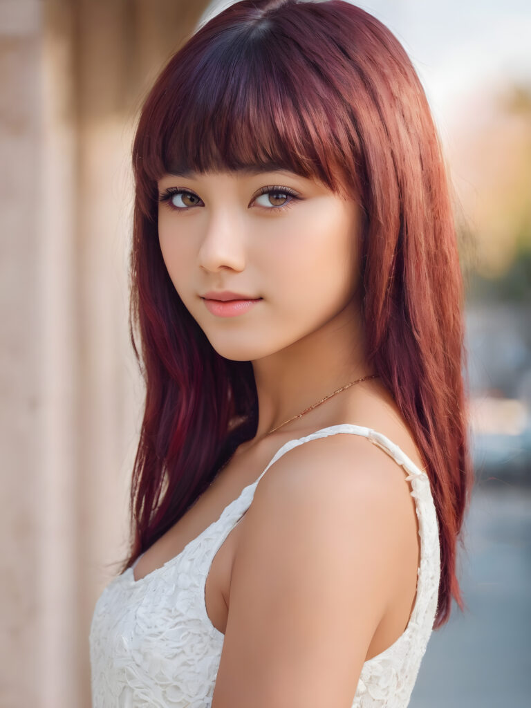 cute teen girl, detailed straight hair, styled bangs, white tight short shirt, perfect curved body, ultra realistic face, realistic amber eyes, detailed maroon straight hair, a stunning photo with beautiful saturation, ultra high resolution, deep shadow, (best quality, masterpiece), highly detailed, looking at viewer, warm smile, ultra realistic, side shot, white background, full body shot