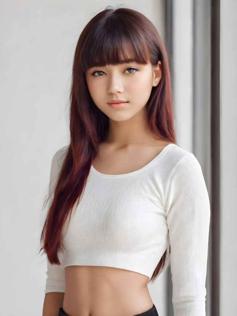cute teen girl, detailed straight hair, styled bangs, white tight short shirt, perfect curved body, ultra realistic face, realistic amber eyes, detailed maroon straight hair, a stunning photo with beautiful saturation, ultra high resolution, deep shadow, (best quality, masterpiece), highly detailed, looking at viewer, warm smile, ultra realistic, side shot, white background, full body shot