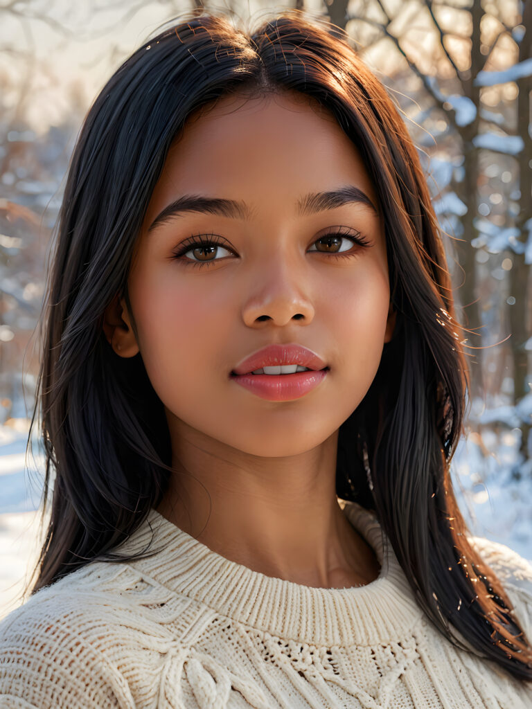 visualize a (((stunning young light brown-skinned Exotic teen girl with flawless, soft skin))) (glossy hair with subtle layering, (((vivid obsidian black soft straight hair)))), whose frame a (seriously sensual face) with (dramatically contrasting, full, (((natural lips)))), round face and a warm smile, the mouth slightly open with white teeth, (light brown eyes), set against a (broodingly atmospheric snow backdrop) for an unforgettable (upper body shot). Her features are captured in (intense detail), accentuated by the (ombré shadow and highlights) that draw the eye, ((she wears a white , finely knitted wool sweater that emphasizes her perfectly shaped body)), ((gorgeous)) ((side view))