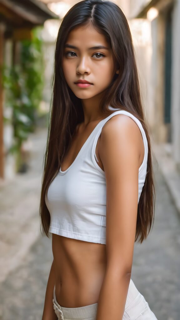 super realistic, detailed face, cute 14 years old girl, long straight hair, realistic detailed eyes, wear white short tight tank top, looks sadly at the camera, perfect curved body