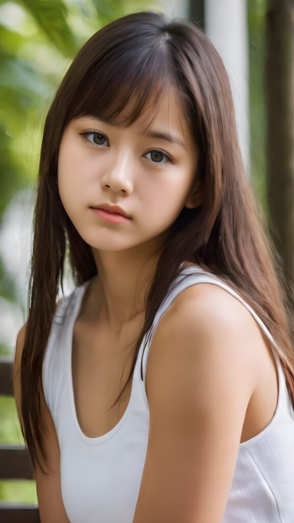 super realistic, detailed face, cute 14 years old girl, long straight hair, realistic detailed eyes, wear white short tight tank top, looks sadly at the camera, perfect curved body