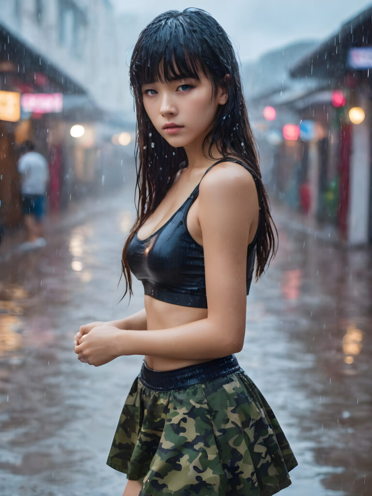 hyper realistic 8k dynamic photography of beautiful cute enchanting mage 18 years old girl, with detailed long full wet hair, bangs cut, realistic and detailed eyes, standing in the rain, looking sadly into the camera, wear wet tight super short tank top made of silk, super short round mini skirt, perfect curved body, dynamic cinematic lights, full body shot, exotic face, ultra hyper detailed, wet skin