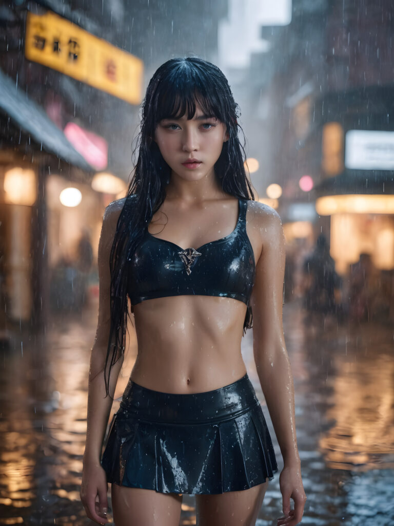 hyper realistic 8k dynamic photography of beautiful cute enchanting mage 18 years old girl, with detailed long full wet hair, bangs cut, realistic and detailed eyes, standing in the rain, looking sadly into the camera, wear wet tight super short tank top made of silk, super short round mini skirt, perfect curved body, dynamic cinematic lights, full body shot, exotic face, ultra hyper detailed, wet skin
