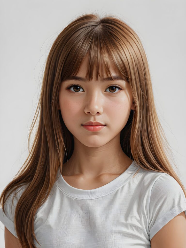 ((pencil drawing)) ((portrait)) of (((cute))) (((elegant))) ((attractive)) (((long, straight hazelnut hair))) ((stunning)) a beautifully realistic, cinematic lights, ((Burmese teen girl)), 11 years old, bangs cut, realistic detailed angelic round face, ((realistic detailed hazelnut eye)) looks sadly at the camera, portrait shot, perfect curved body, (wears a super short tight (white t-shirt) made on thin silk), perfect anatomy, white background, side perspective, ((no background))