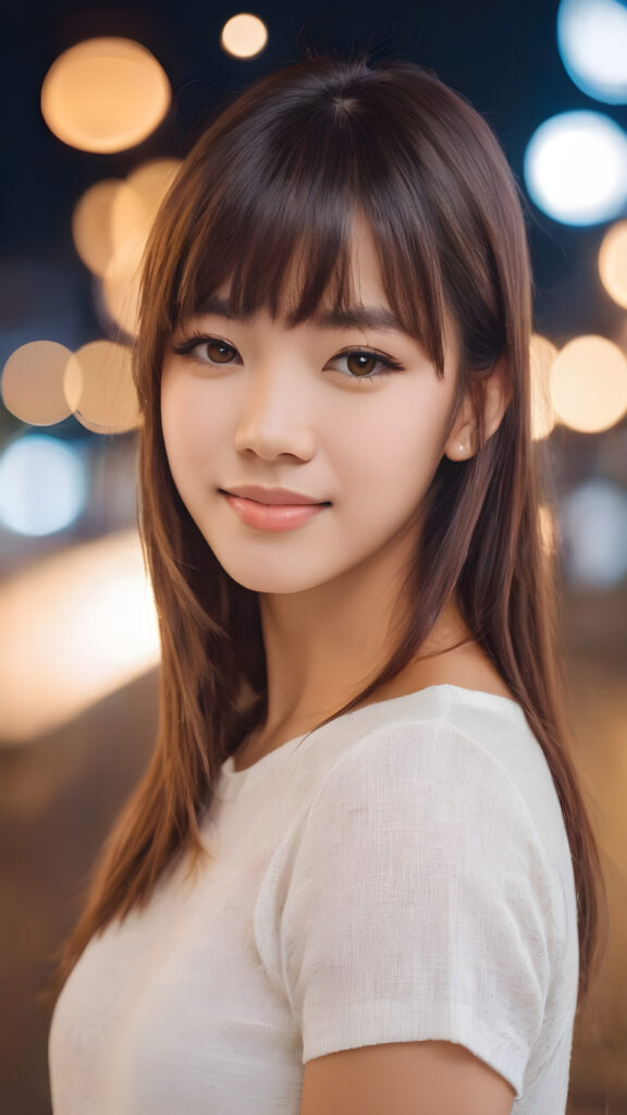 (portrait) realistic, cinematic lights, very cute 17 years old girl, bangs cut, chibi looks, brown detailed straight hair, amber eyes, wears a ((super short form-fitting low cut tight (crop top))), looks happy at the camera, smile, portrait shot, perfect curved body