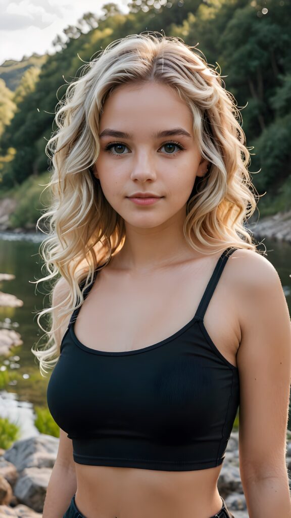 detailed and realistic portrait: a natural beautiful teen girl with long semi curly soft platinum hair wearing a black tight crop top, in a beautiful natural place