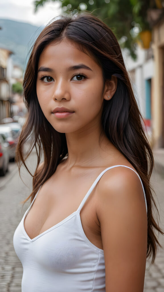 ((portrait)) a young Peruvian teen girl, straight hair, realistic detailed angelic round face, portrait shot, perfect curved body, ((low cut tight (top))), perfect anatomy, side perspective