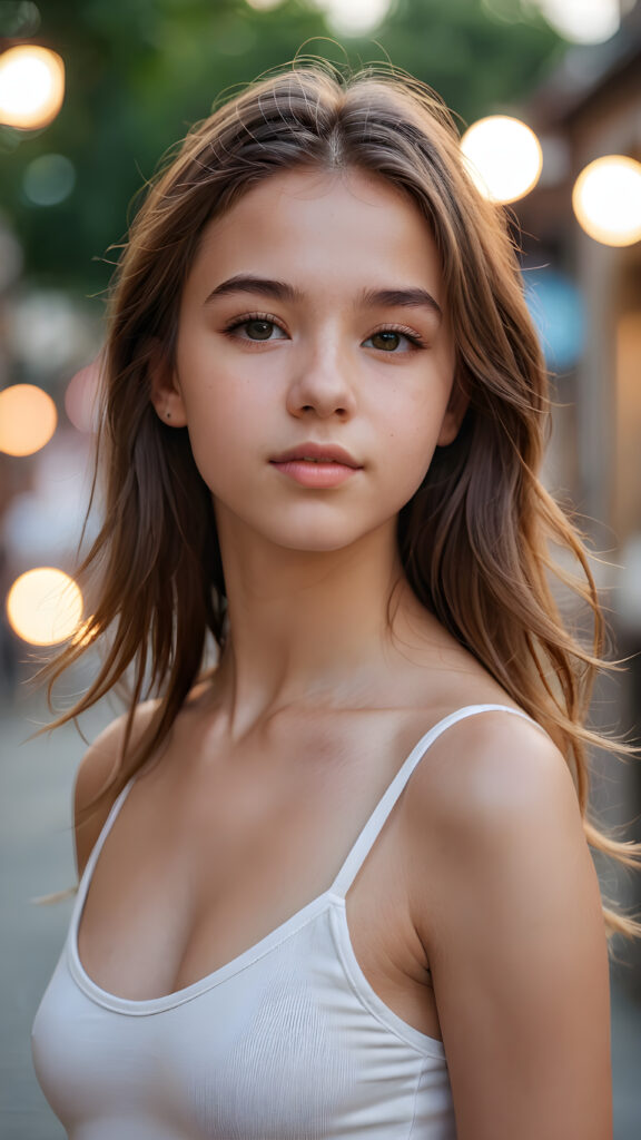 capture a (((young teen girl))) with (straight hair) and a (realistically detailed angelic round face) in a (side perspective portrait shot). Her figure exudes perfection, with a (((low cut tight top))), showcasing flawless anatomy