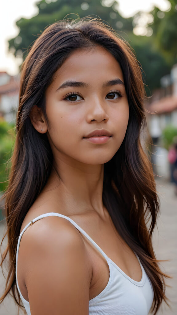 ((portrait)) a young Peruvian teen girl, straight hair, realistic detailed angelic round face, portrait shot, perfect curved body, ((low cut tight (top))), perfect anatomy, side perspective