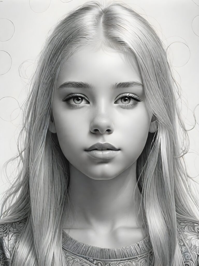 ((portrait)), detailed pencil drawing, silvery-skinned (((young teen girl))), long straight platinum hair