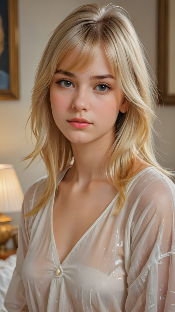 Model: insta realistic, oilpainting, 3:4 ((portrait)) of (((cute))) (((elegant))) ((attractive)) (((straight blond hair))) ((stunning)) a beautifully realistic, cinematic lights, ((teen girl)), 16 years old, getting ready for bed in a short, translucent low cut nightgown, bangs cut, realistic detailed angelic round face, looks tired at the camera