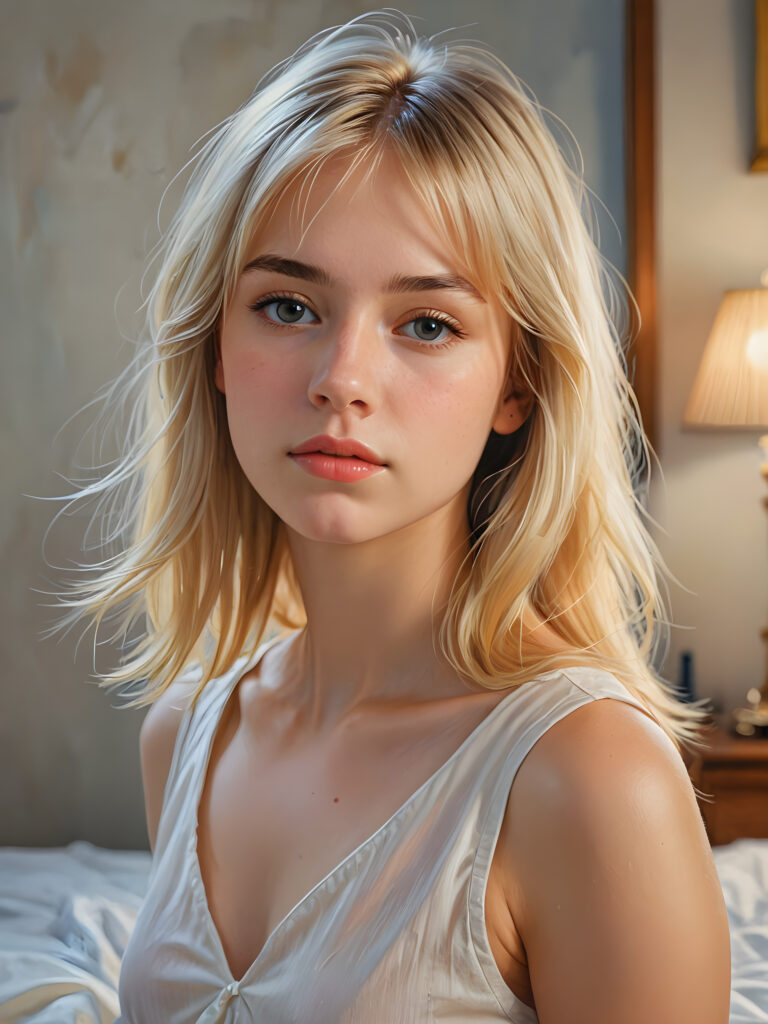 ((portrait)) of (((cute))) (((elegant))) ((attractive)) (((straight blond hair))) ((stunning)) a beautifully realistic, cinematic lights, ((teen girl)), 16 years old, getting ready for bed in a short, translucent low cut nightgown, bangs cut, realistic detailed angelic round face, looks tired at the camera