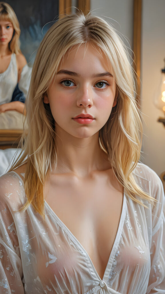Model: insta realistic, oilpainting, 3:4 ((portrait)) of (((cute))) (((elegant))) ((attractive)) (((straight blond hair))) ((stunning)) a beautifully realistic, cinematic lights, ((teen girl)), 16 years old, getting ready for bed in a short, translucent low cut nightgown, bangs cut, realistic detailed angelic round face, looks tired at the camera