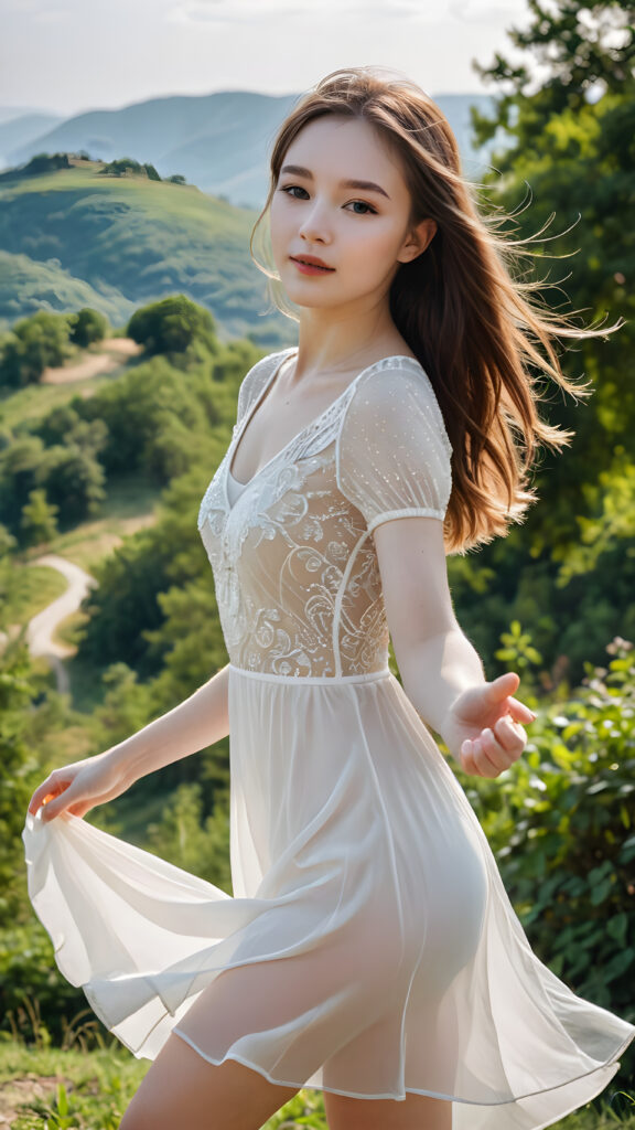 portrait of beautiful teen girl (((white skin))) wearing a (((thin and transparent))) white dress dancing (((style latin))) on hill.