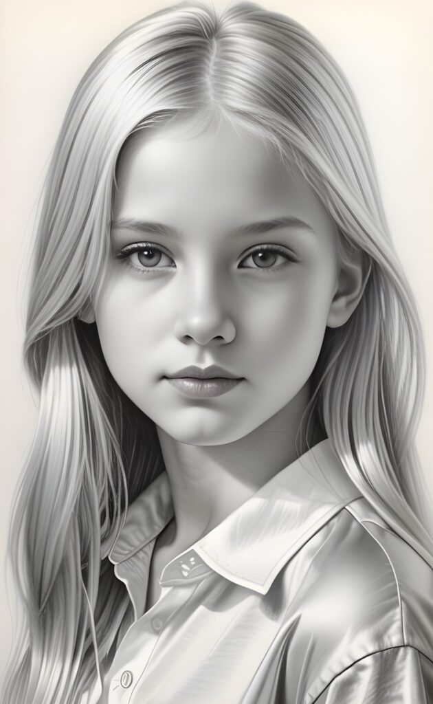 ((portrait)), detailed pencil drawing, silvery-skinned (((young girl))), long straight platinum hair, white shirt