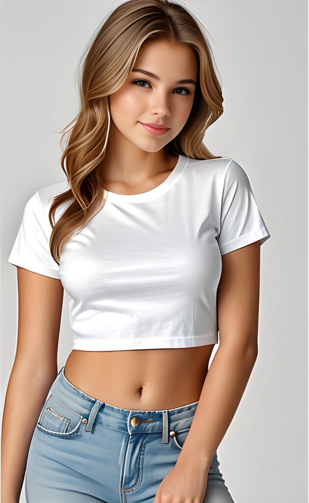((portrait)), realistic and detailed, young teen girl, perfect curved body, well breasted, t-shirt