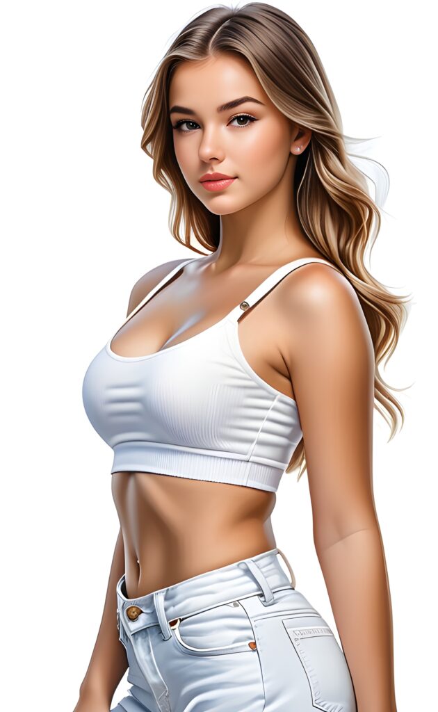 ((portrait)), realistic and detailed, young teen girl, perfect curved body, well breasted, white crop top