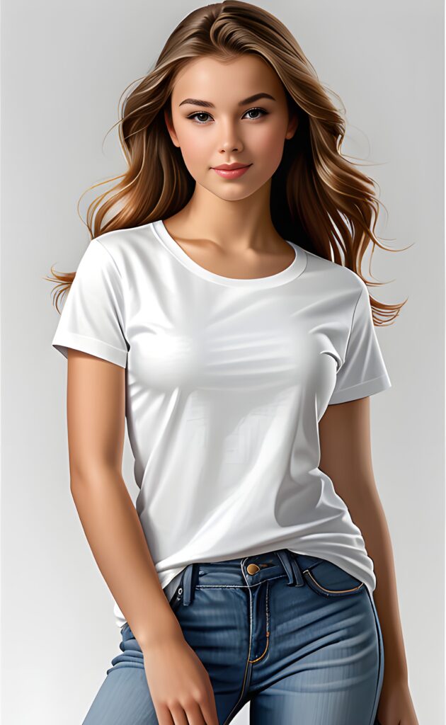 ((portrait)), realistic and detailed, young teen girl, perfect curved body, well breasted, t-shirt