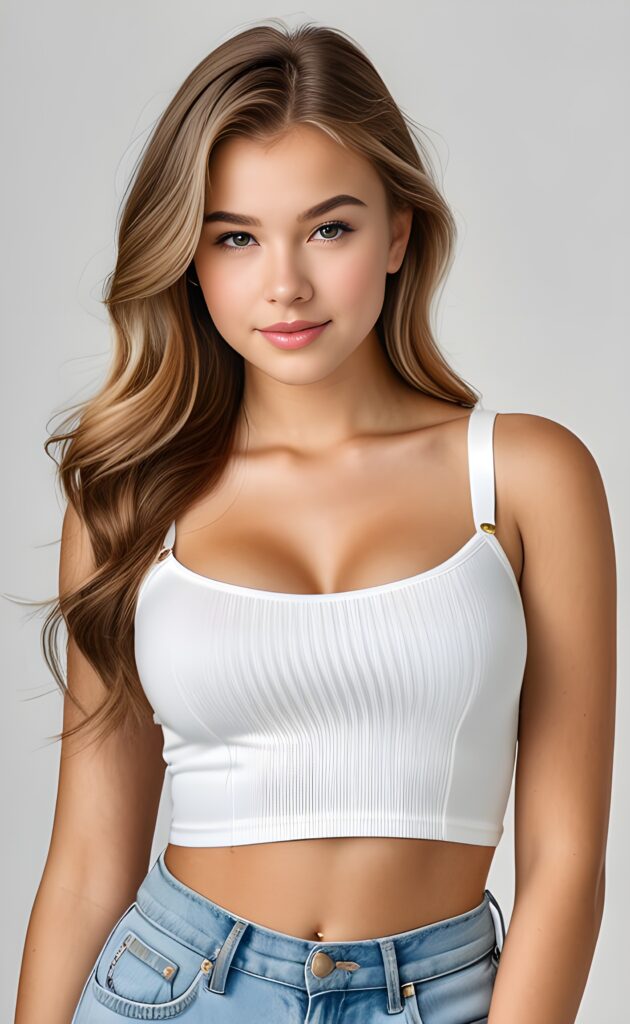 ((portrait)), realistic and detailed, young teen girl, perfect curved body, well breasted, white crop top
