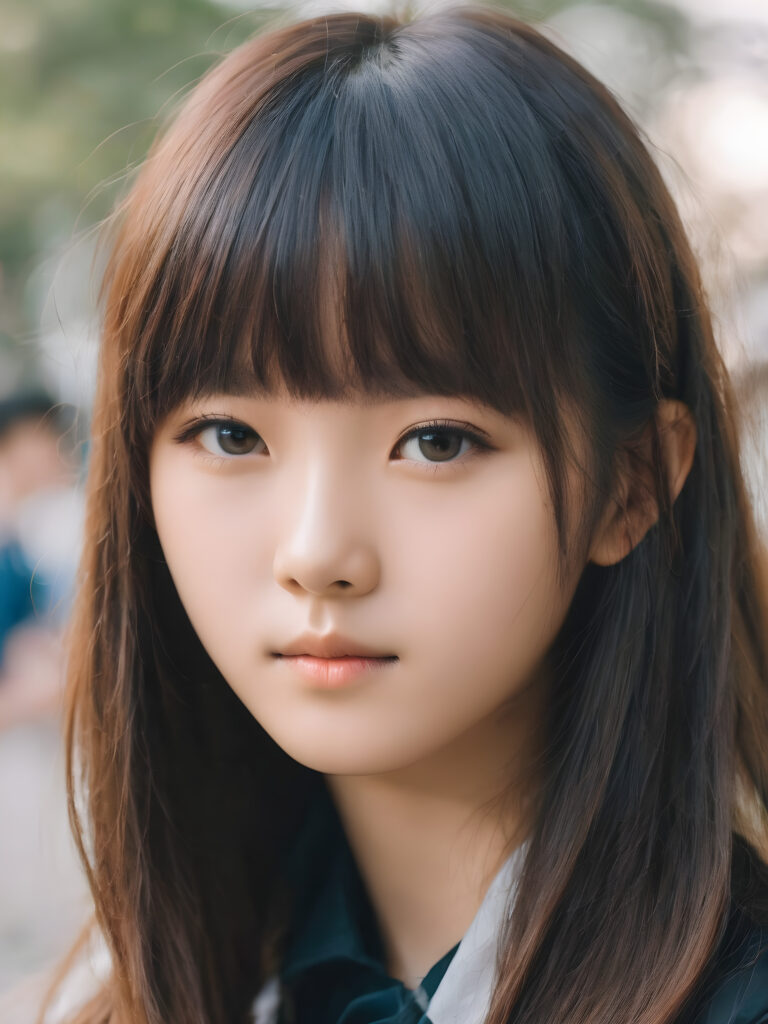very cute 13 years old girl, Korean styled bangs, chibi looks, realistic detailed hair, realistic amber eyes, looks at the camera, detailed face, portrait shot